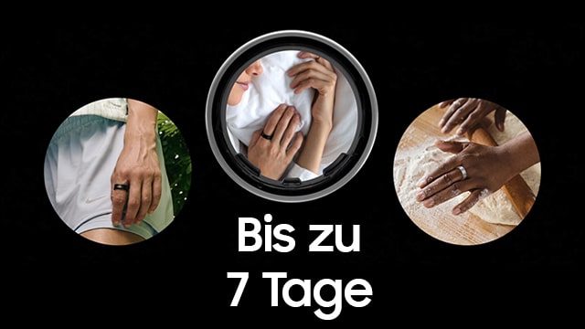 Drei Kreise zeigen Hände mit Ring beim Schlafen, im Freien und beim Teigkneten. "Bis zu 7 Tage" steht in Weiß auf Schwarz.