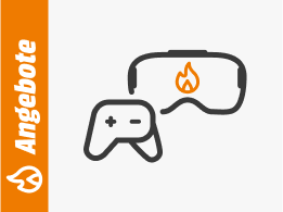 Symbolgrafik eines Gaming-Controllers und einer VR-Brille mit Flammensymbol, daneben ein orangefarbener Balken mit dem Schriftzug Angebote.