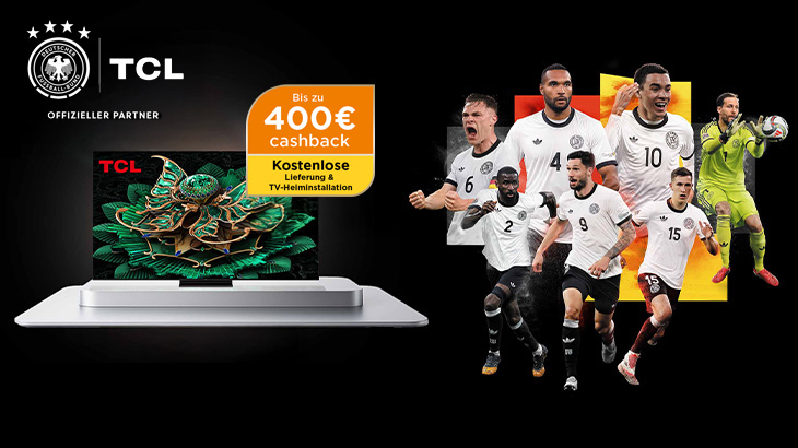 Werbung mit TCL-Fernseher, Fußballspielern in weißen Trikots und einem Angebot von bis zu 400 € Cashback.