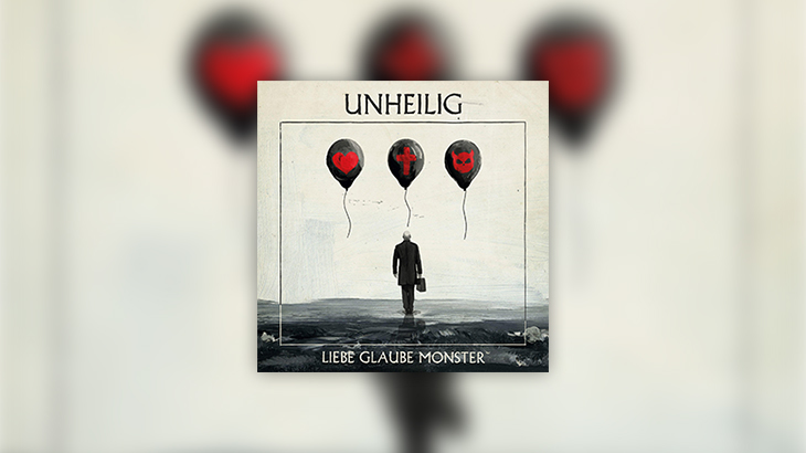 Cover der CD von Unheilg "Liebe. Glaube. Monster."  mit 3 Luftballons mit den Symbolen Herz, Kreuz und Monster und einem Mann der dorthin läuft.