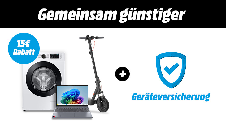 Werbemotiv mit Waschmaschine, E-Scooter und Laptop, 15‑€‑Rabatt-Hinweis und daneben ein Schildsymbol mit Haken für Geräteschutzversicherung.