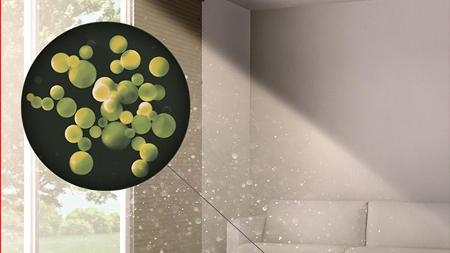 Nahaufnahme: Gelbe Kügelchen in schwarzem Kreis vor Fenster und Zimmer. Staubpartikel sind sichtbar.