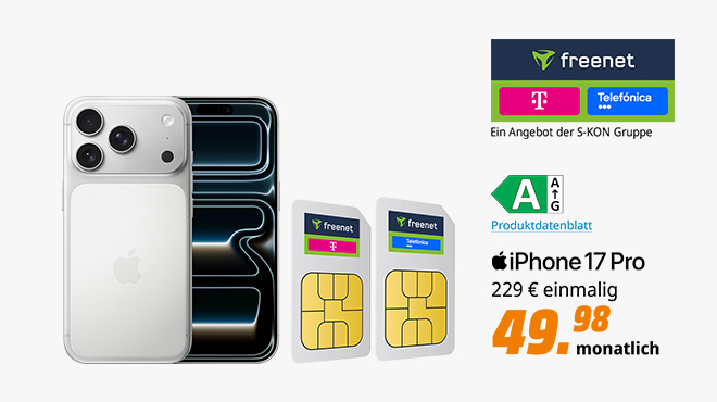 Apple iPhone 17 Pro + 80 € Bonus. Einmalig 229 €, monatlich 49,98 €. Energieeffizienzklasse A. Ein Angebot der S-KON Gruppe.