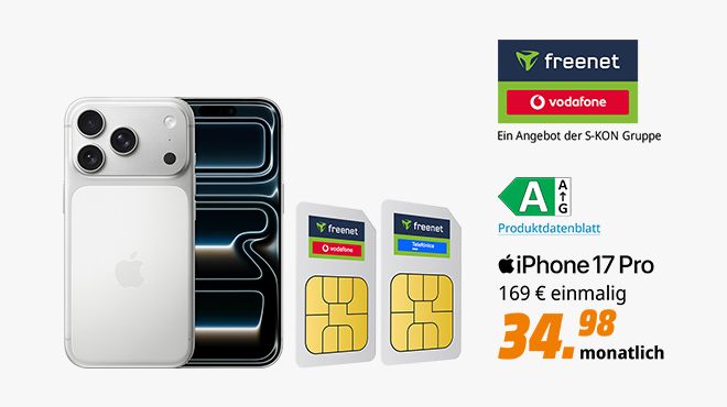 Das iPhone 17 (256 GB) im freenet Telekom Allnet Flat 30 GB-Tarif + freenet Telefonica Allnet Flat 10 GB-Tarif für einmal 169 Euro und monatlich 34,98 Euro.