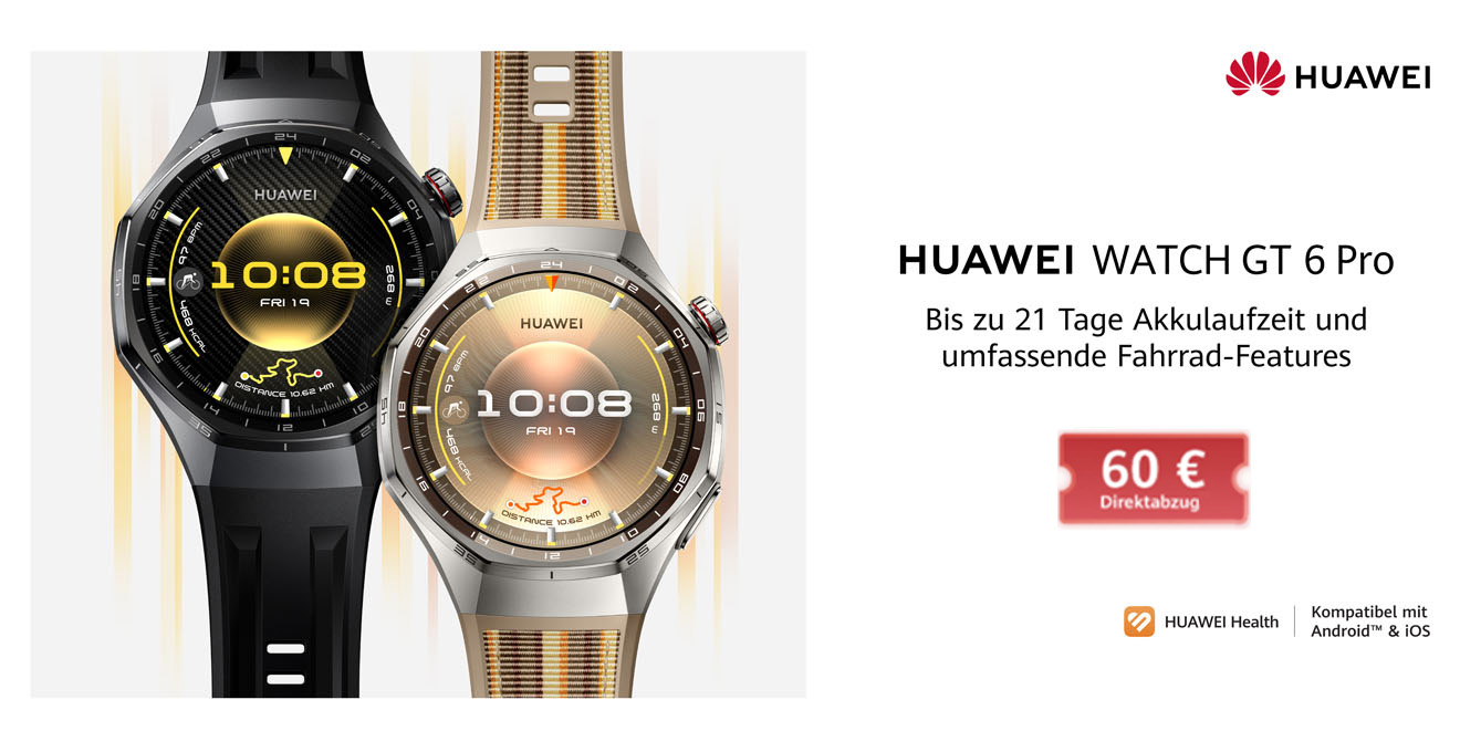 Zwei Huawei Watch GT 6 Pro Smartwatches nebeneinander: links schwarzes Gehäuse mit schwarzem Sportarmband und gelb‑schwarzem Zifferblatt, rechts silbernes Gehäuse mit gestreiftem Textilarmband und bronze‑goldenem Zifferblatt. Rechts steht: „HUAWEI WATCH GT 6 Pro – Bis zu 21 Tage Akkulaufzeit und umfassende Fahrrad‑Features“. Unten Icons: Huawei Health und „Kompatibel mit Android & iOS“.
