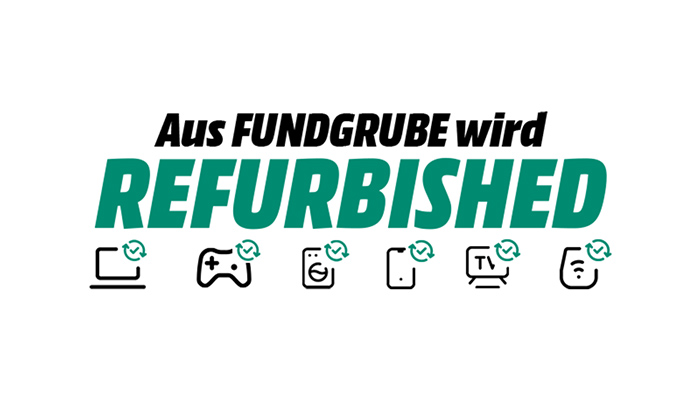 Schwarzer Text "Aus FUNDGRUBE wird" über grünem "REFURBISHED". Darunter Icons: Laptop, Gamepad, Waschmaschine, Handy, TV, Gesicht.
