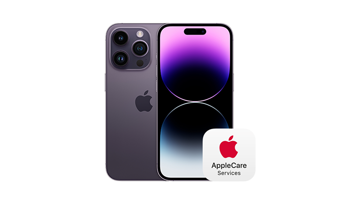 Lila iPhone mit drei Kameras, Apple-Logo und Display mit Farbverlauf. AppleCare Services-Logo unten rechts.