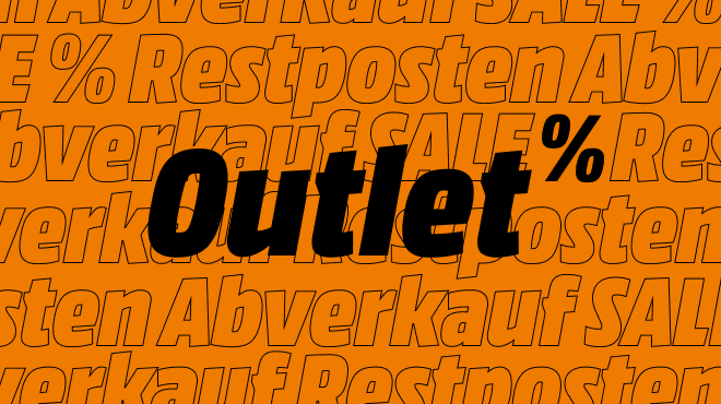 Auf orangefarbenem Grund steht in Schwarz "Outlet %". Wiederholter Text im Hintergrund: "Abverkauf SALE % Restposten".
