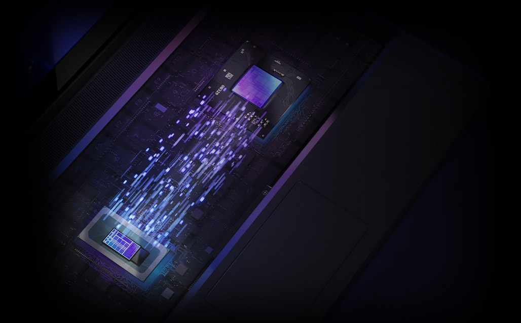 Ein Computerchip auf einer dunklen Leiterplatte sendet violette Datenströme zu einem anderen Chip.