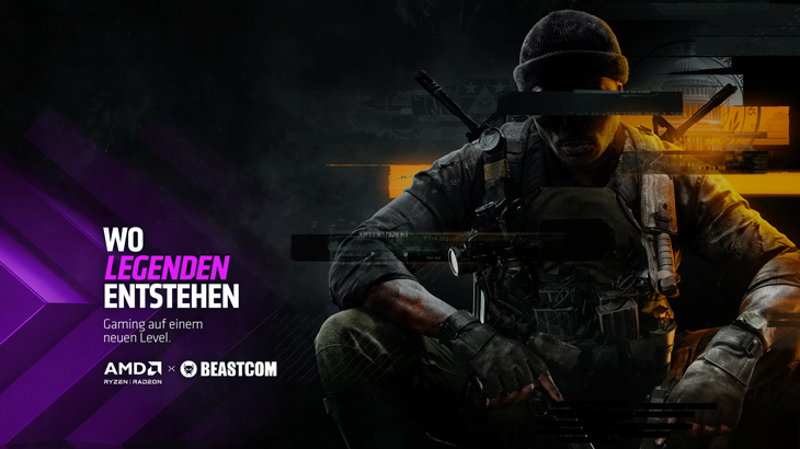 Ein Soldat mit Gewehr kauert vor dunklem Hintergrund mit lila und gelben Akzenten. Text liest "Wo Legenden entstehen" mit AMD und Beastcom Logos.