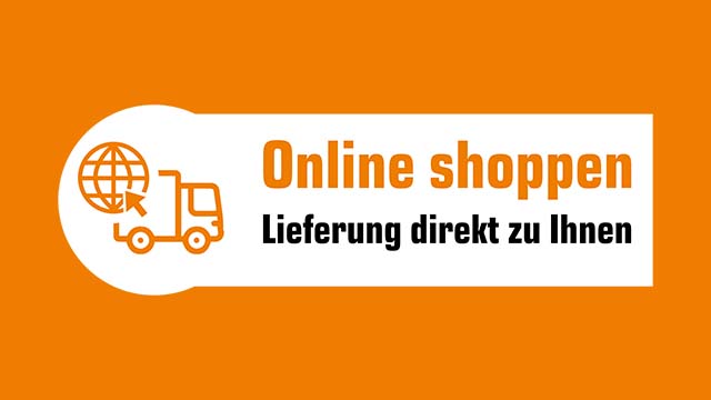 Orangefarbener Hintergrund mit weißem Banner, der "Online shoppen. Lieferung direkt zu Ihnen" mit LKW- und Globus-Symbol zeigt.