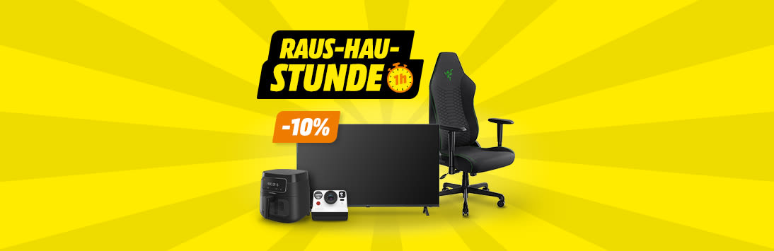 Schwarzer Gaming‑Stuhl, Monitor und Geräte vor gelbem Hintergrund mit „RAUS‑HAU‑STUNDE“ und „-10%“ Badge.