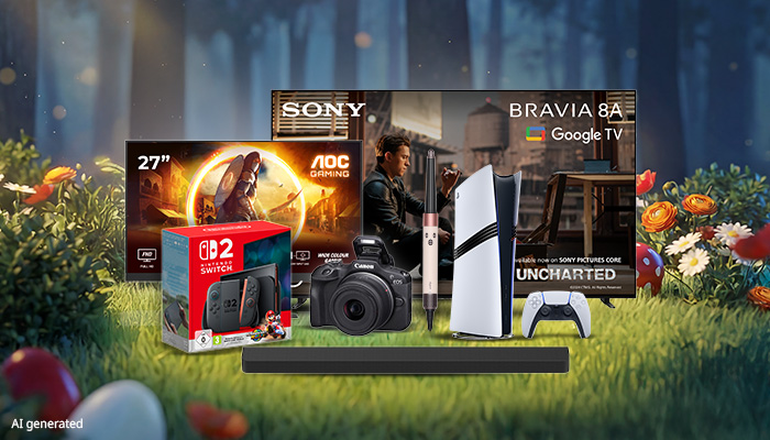 Abbildungen der Gewinne wie bis zu 3000 € Geschenkkarten, PlayStation, Sony TV, AOC Monitor & weitere Elektronik. Auf Wiese mit Ostereiern & Blumen.