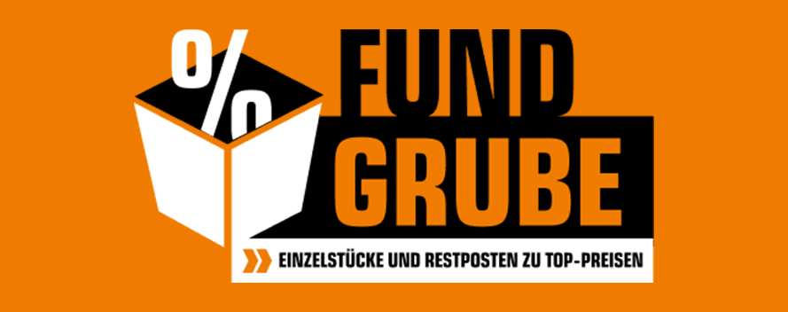 Orangefarbener Hintergrund mit Werbebotschaft. Links ein weißer, offener Würfel mit Prozentzeichen. Daneben der Text &quot;Fundgrube&quot;.