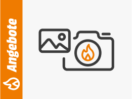 Symbolgrafik einer Kamera mit Flammensymbol und einem Foto, daneben ein orangefarbener Balken mit dem Schriftzug Angebote.