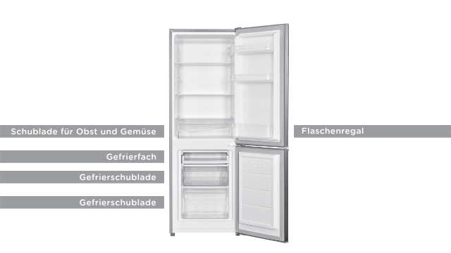 Das Innenleben der Kühlgefrierkombination von ok. ist vielseitig aufgebaut und bietet im Kühlbereich drei Fachböden und eine Schublade, die zum Beispiel zur Aufbewahrung von Obst und Gemüse verwendet werden kann.