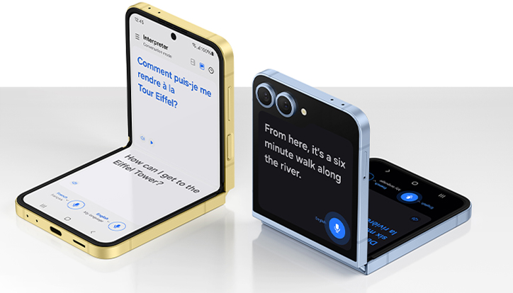 Due telefoni pieghevoli mostrano schermi con traduzioni di testo in francese e inglese su sfondo bianco.