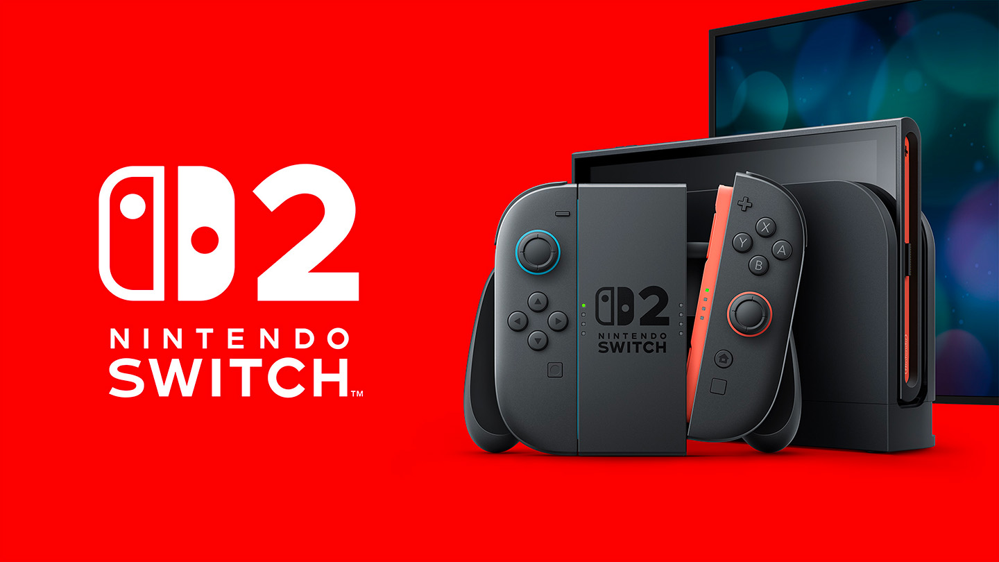 Logo Nintendo Switch 2, console grigia con controller rosso/blu, dock nero e schermo TV su sfondo rosso.