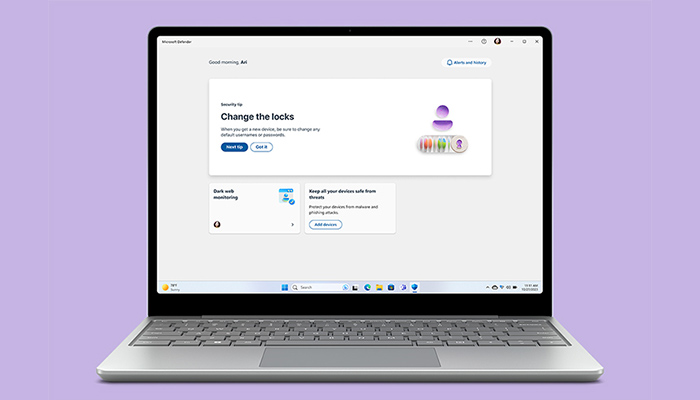 Un laptop mostra "Modifica le serrature" su uno schermo bianco, su uno sfondo lilla.