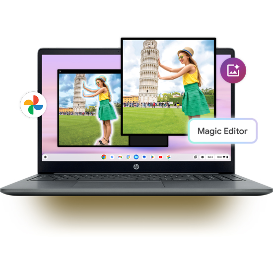 Schermo di laptop con editor di foto che mostra una ragazza vicino alla Torre di Pisa, con icone "Magic Editor" e Google Foto.