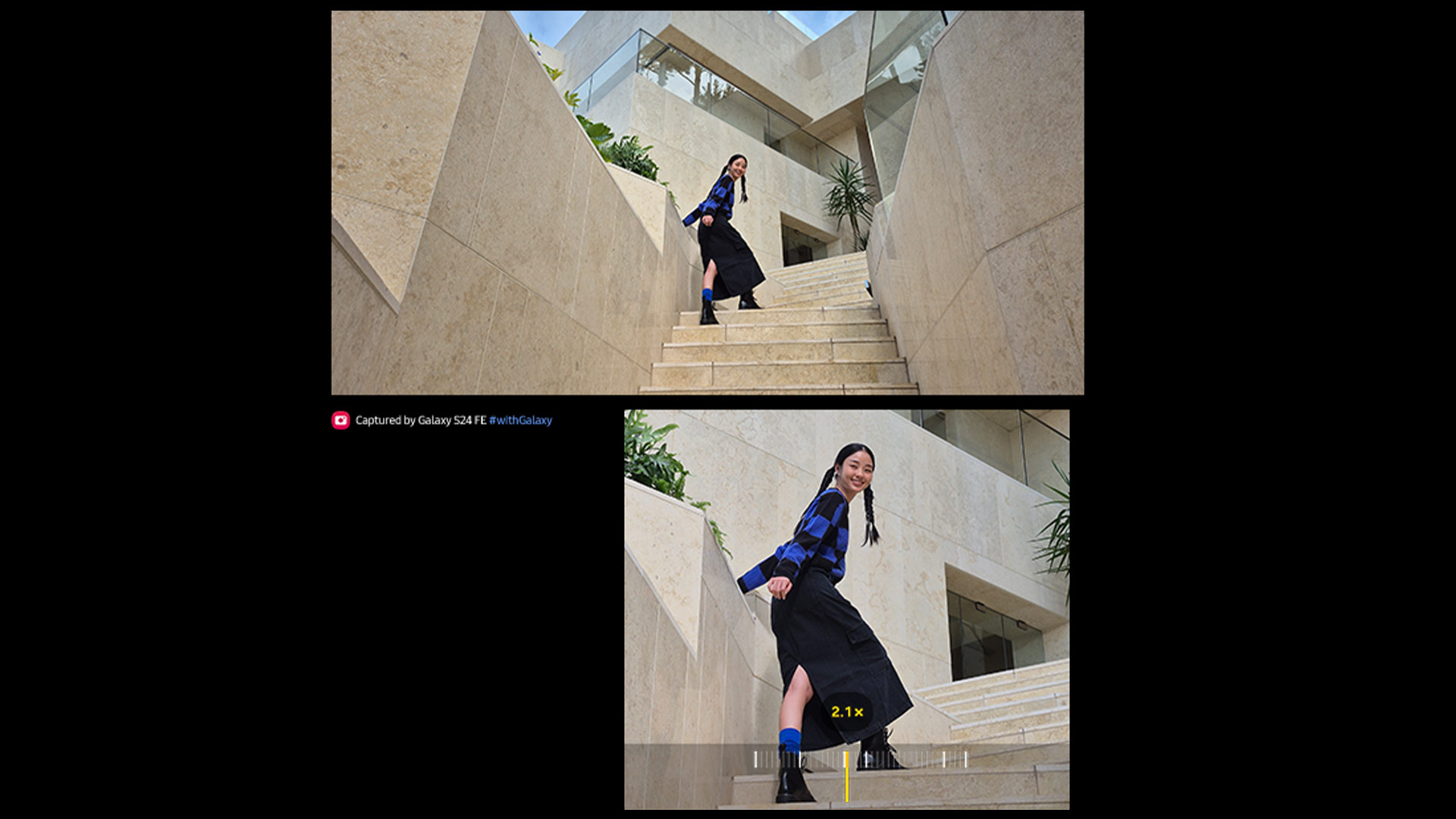 Donna in abito nero e camicia blu a quadri sulle scale di pietra di un edificio moderno.