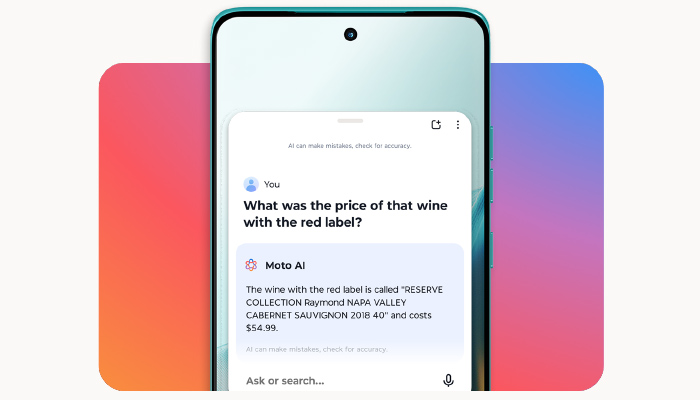 Smartphone con chat AI che risponde a una domanda sul prezzo di un vino. Sfondo sfumato rosa e blu.