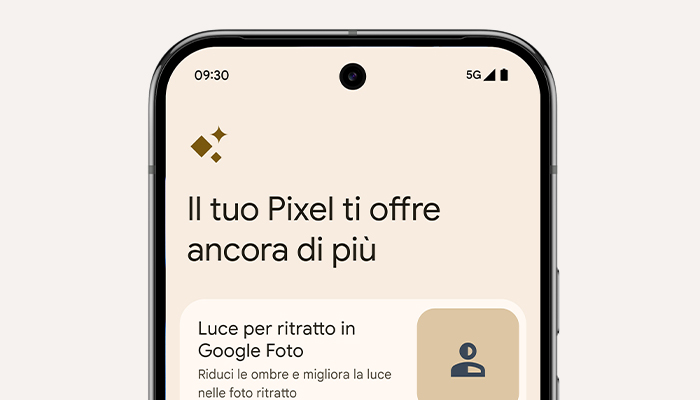 Schermo di smartphone con notifica di Google Pixel, ora 09:30, icona 5G e testo promozionale.