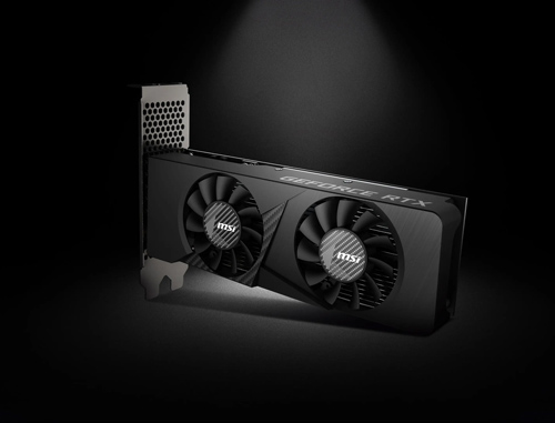 Scheda grafica nera MSI con due ventole su sfondo nero.