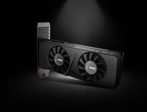 Scheda grafica nera MSI con due ventole su sfondo nero.
