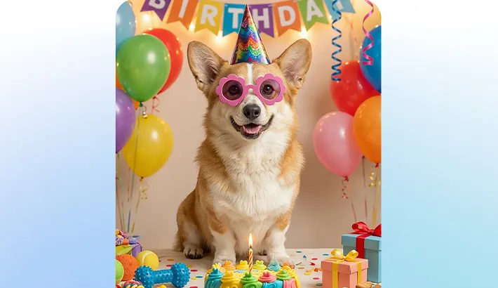 un cane fotografto mentre "festeggia" il compleanno