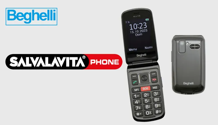Telefono a conchiglia grigio aperto, con tastiera numerica e schermo acceso. Un altro telefono chiuso è accanto. Loghi Beghelli e Salvalavita.