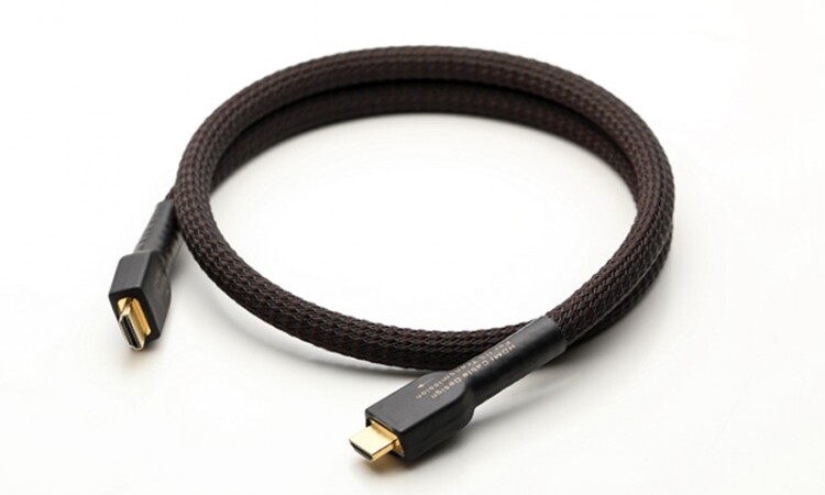 Cavo nero intrecciato con connettori placcati oro su sfondo bianco.