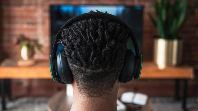 Vista posteriore di una persona con cuffie nere e verdi, davanti a una TV e piante su un tavolo.