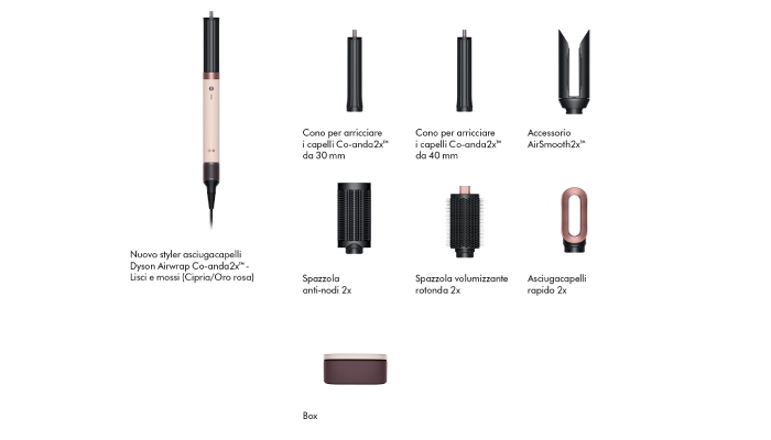 airwrap multistyler di colore rosa e nero con informazioni riguardanti tutte le opzioni