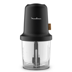 Frullatore nero con contenitore trasparente. Lame nere visibili all'interno. Logo bianco sulla parte superiore. Fondo grigio.