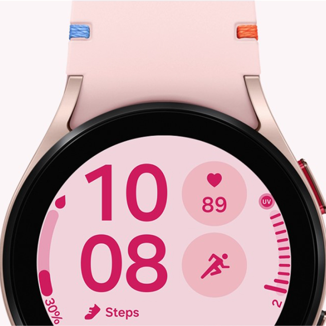 Orologio digitale con cinturino rosa, quadrante nero e display rosa. Sul display sono visibili l'ora, i passi e il battito cardiaco.