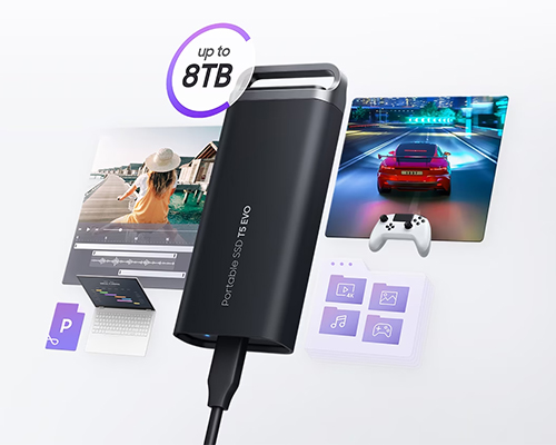 Unit� SSD nera con cavo USB, affiancata da schermi di video editing e gioco, icone viola e la scritta "up to 8TB".