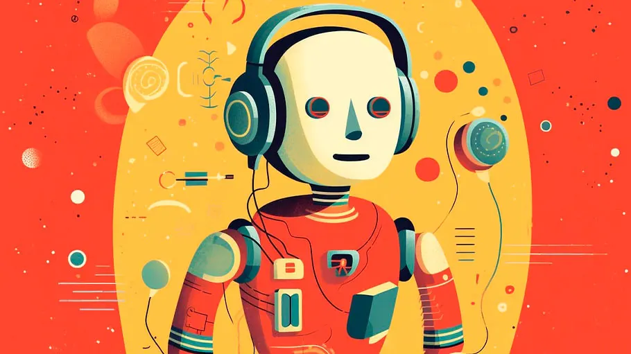 Un robot con cuffie blu e tuta rossa su sfondo giallo e rosso con elementi grafici decorativi.