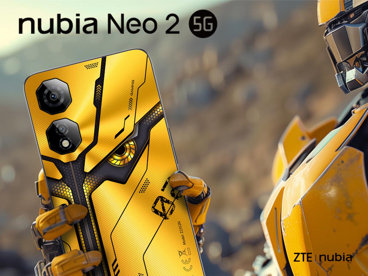 Telefono giallo-nero "nubia Neo 2 5G" tenuto da una figura robotica su uno sfondo sfocato all'aperto.