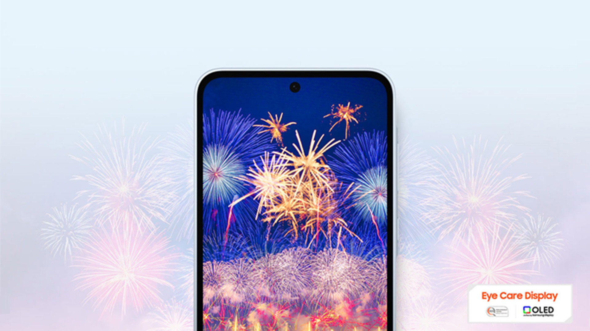 Schermo di smartphone con fuochi d'artificio colorati su sfondo blu scuro e bianchi sullo sfondo chiaro.