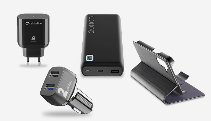 Caricabatterie da muro, da auto, power bank nero da 20000 mAh e supporto per telefono su sfondo bianco.