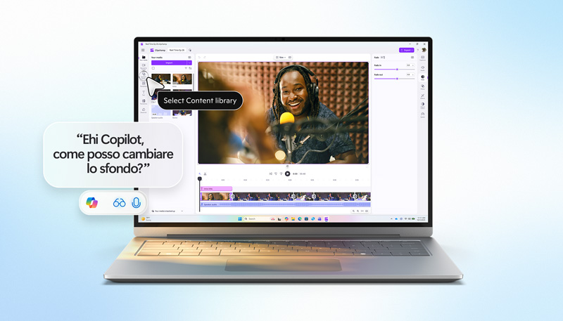Un notebook con schermata editing video e prompt per cambiare lo sfondo con Copilot