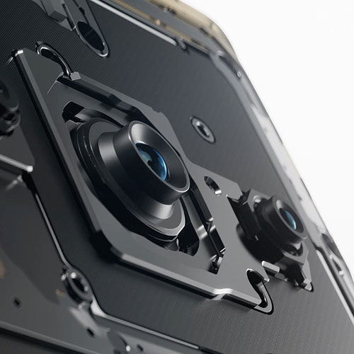 Primo piano di un dispositivo nero con due obiettivi della fotocamera visibili.