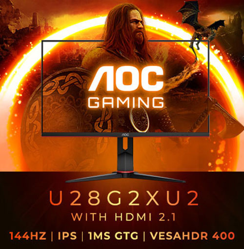 Monitor AOC Gaming nero su sfondo arancione con guerriero e drago. Dettagli: U28G2XU2, HDMI 2.1, 144Hz, IPS, 1ms GTG, VESAHDR 400.