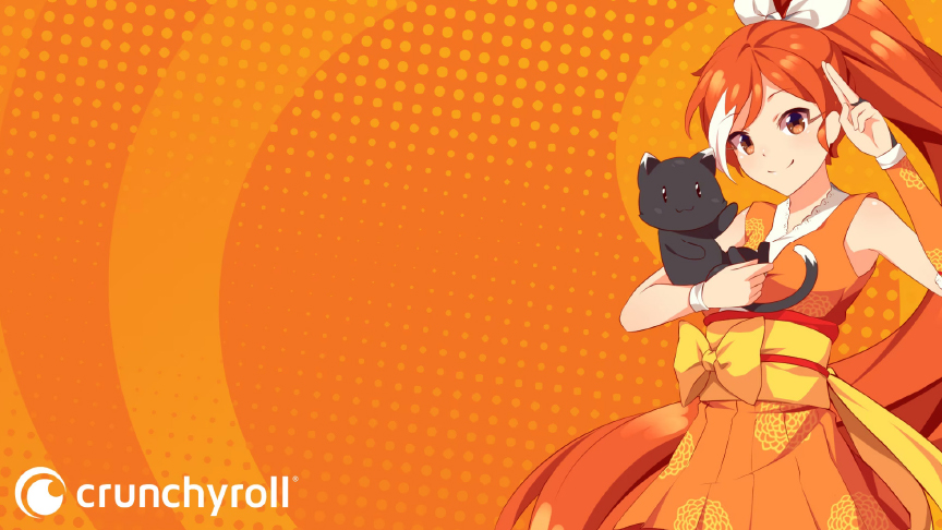 Ragazza anime con gatto nero su sfondo arancione a pois. Logo Crunchyroll in basso a sinistra.