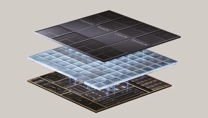 Tre strati quadrati sospesi: uno superiore nero con scritte, uno centrale trasparente a griglia, uno inferiore nero con circuiti.