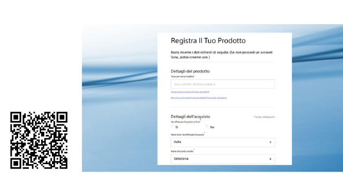 applicazione registra il tuo prodotto Sony cashback ed il qr code vicino