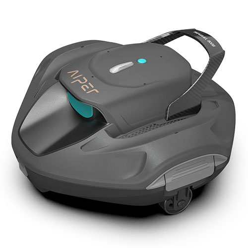 Tosaerba robotico grigio scuro con maniglia, logo "Alper", sensore turchese e pulsante blu su sfondo bianco.