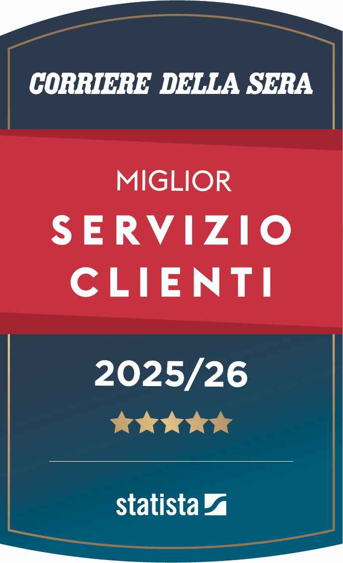 Premio "Corriere della Sera" per il miglior servizio clienti 2023/24. Cinque stelle dorate e logo Statista.
