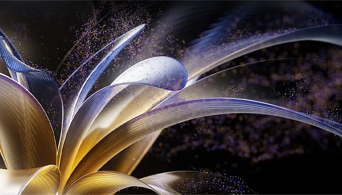 Un fiore fatto con AI, di colore oro e blu argentato su uno sfondo nero con brillantini di vari colori